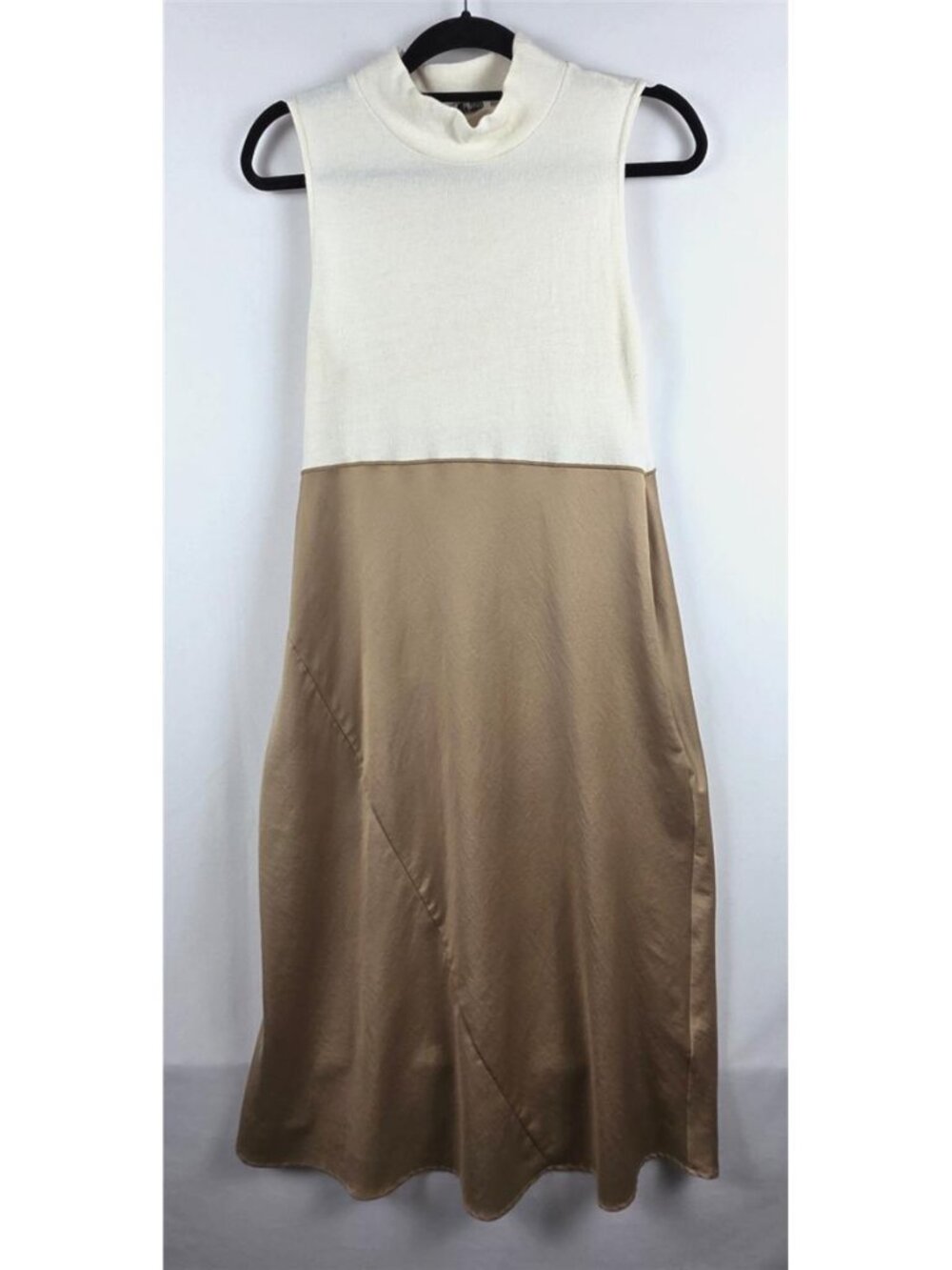 Zara Mock Neck Combination Midi Dress Satin Effect Tan Ivory Minimalist S - Picture 2 of 9